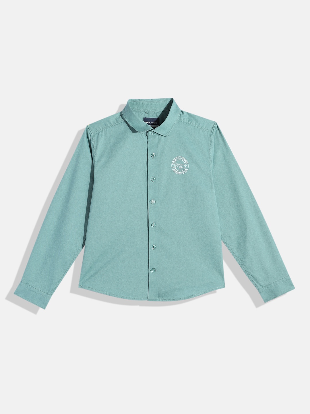 

M&H Juniors Boys Solid Opaque Pure Cotton Casual Shirt With Minimal Typography Print, Green