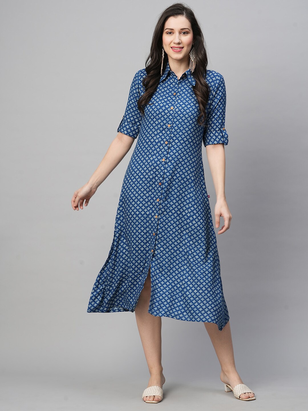 

KALINI Ethnic Motifs Printed Shirt Collar Cotton Shirt Midi Dress, Blue