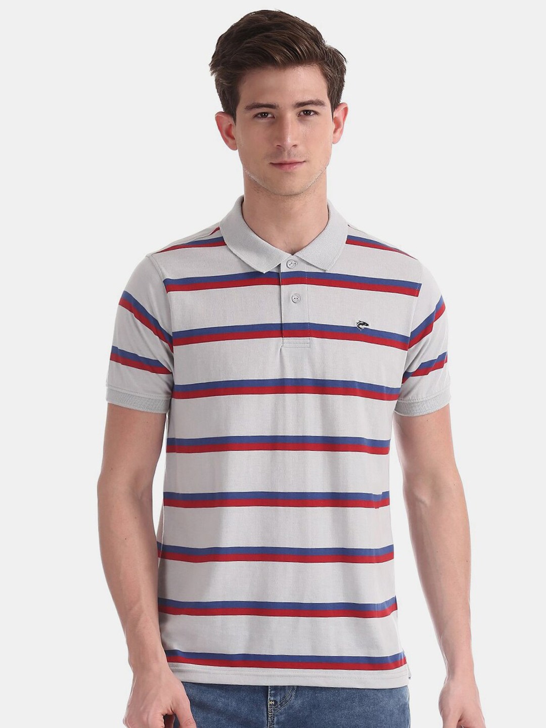 

V-Mart Striped Short Sleeve Polo Collar Cotton T-shirt, Grey