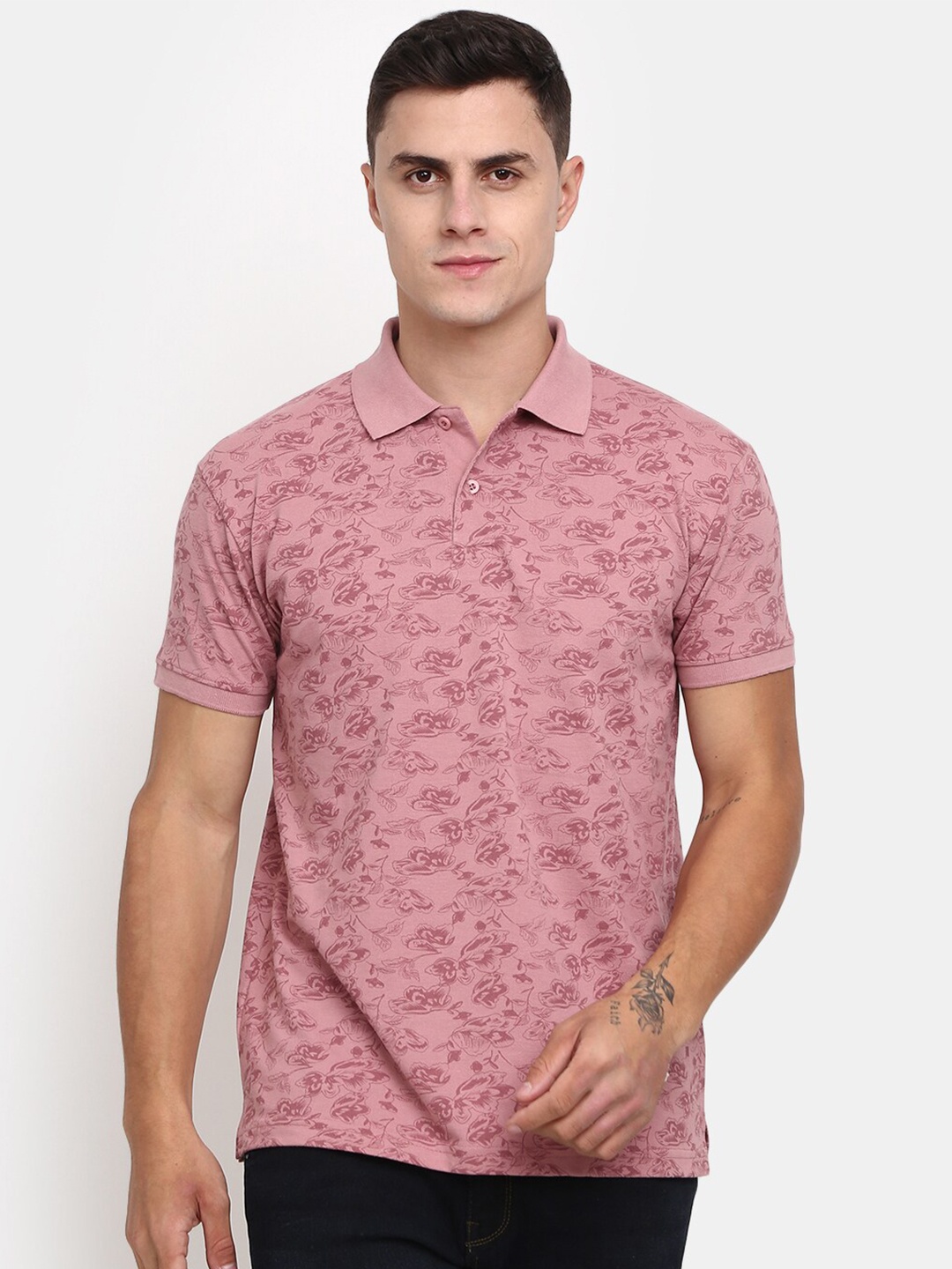 

V-Mart Floral Printed Polo Collar Cotton T-shirt, Pink