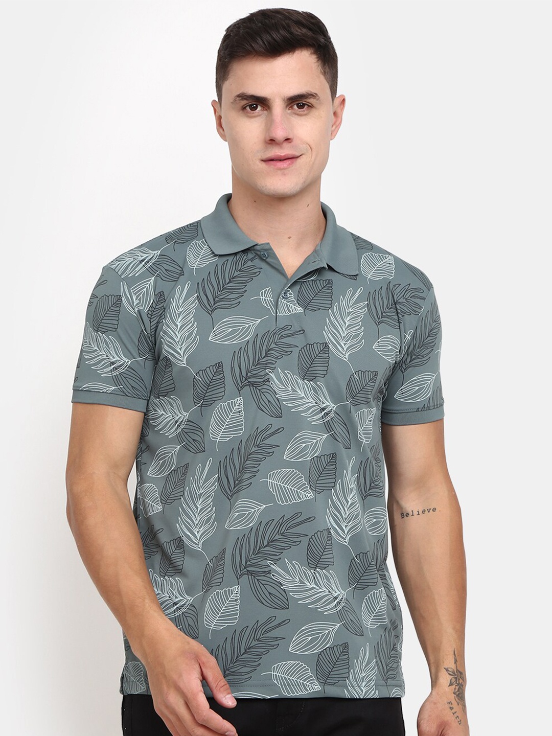 

V-Mart Tropical Printed Polo Collar Cotton T-shirt, Grey