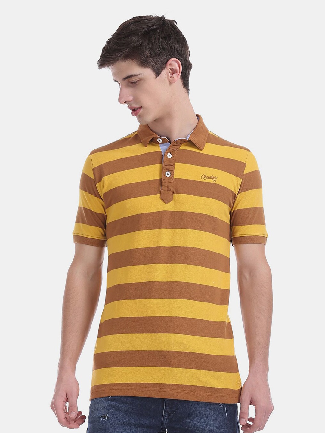 

V-Mart Striped Short Sleeve Polo Collar Cotton T-shirt, Yellow