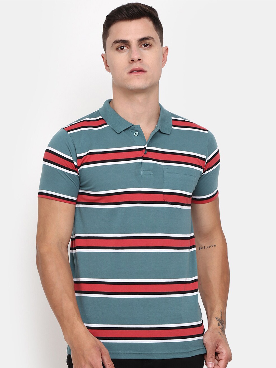

V-Mart Striped Polo Collar Cotton T-shirt, Green