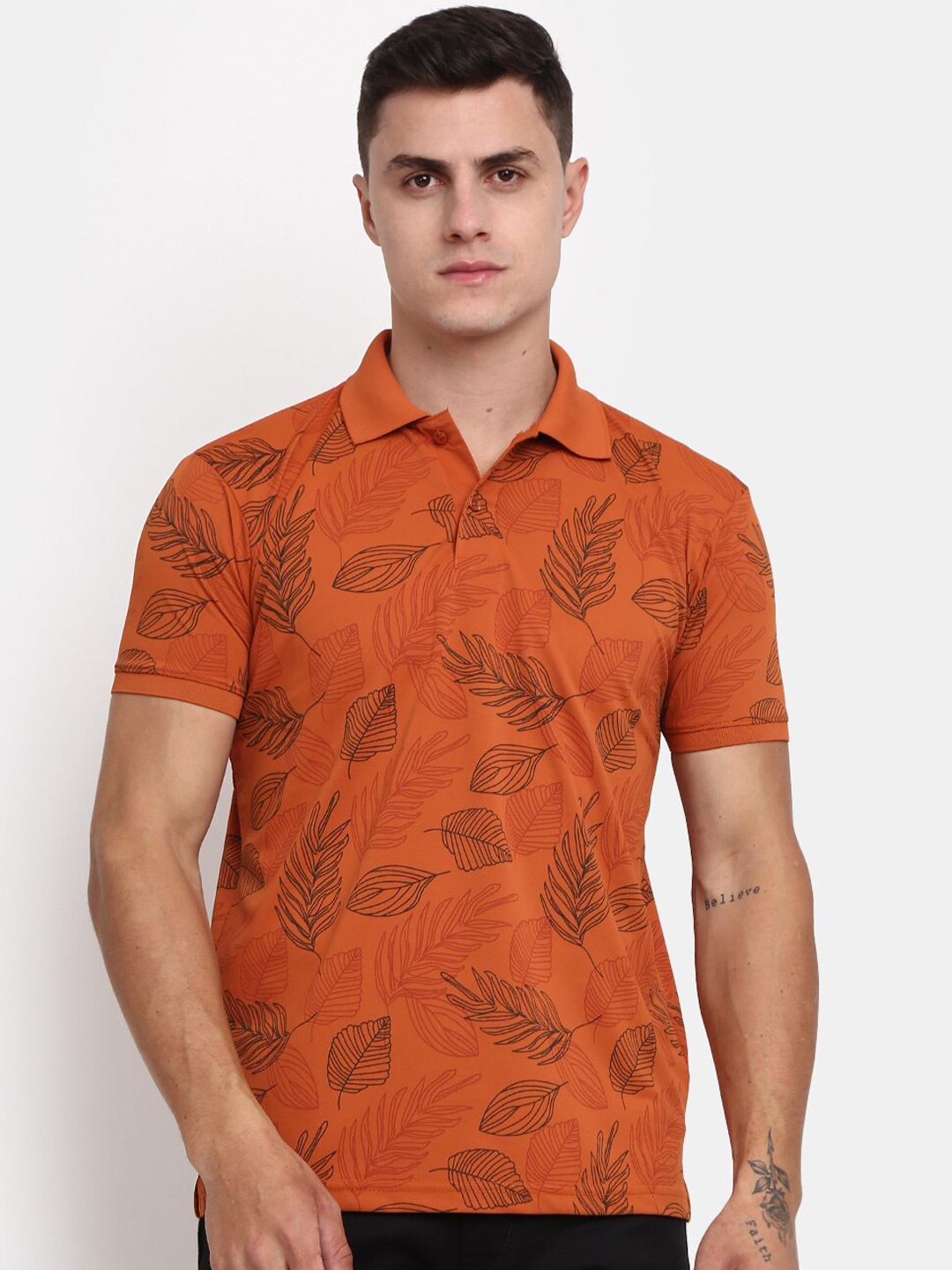 

V-Mart Tropical Printed Polo Collar Cotton T-shirt, Rust