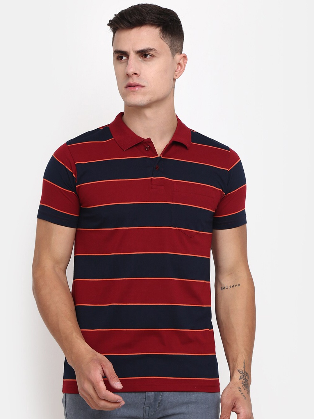 

V-Mart Striped Polo Collar Slim Fit Cotton T-shirt, Maroon