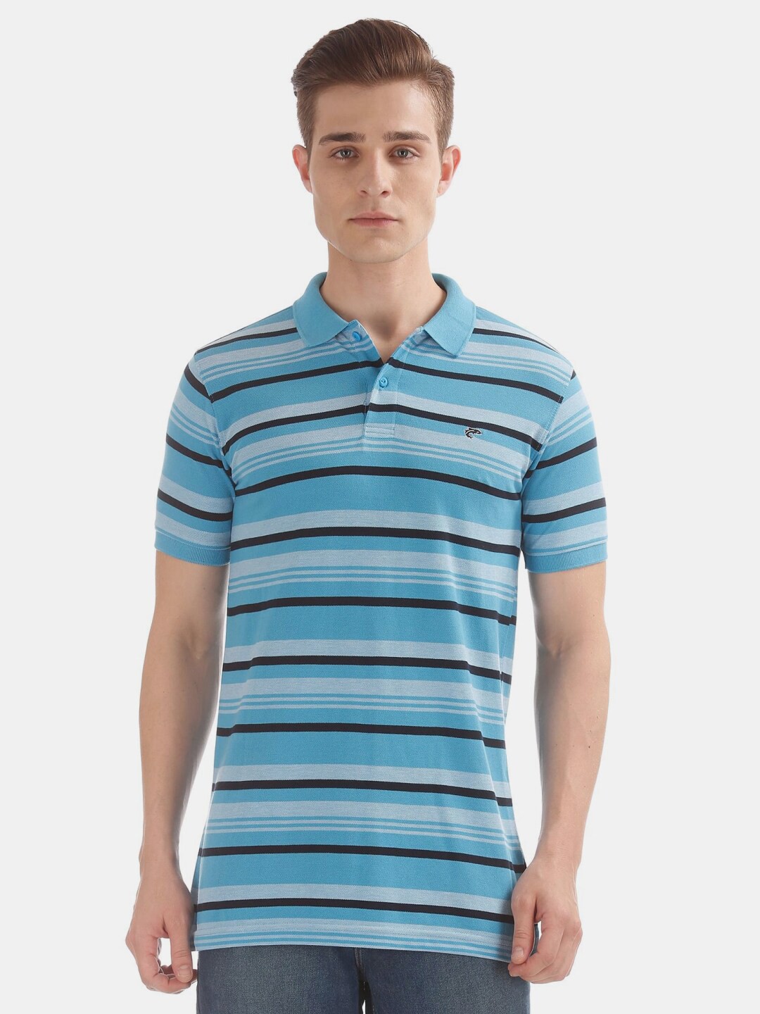 

V-Mart Men Striped Polo Collar Cotton T-shirt, Blue