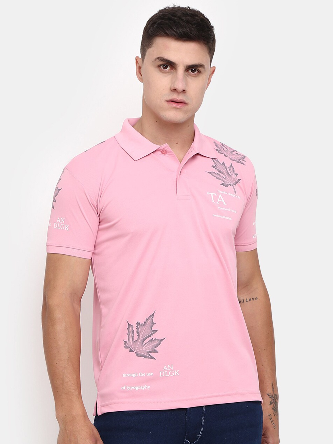 

V-Mart Tropical Printed Polo Collar Cotton T-shirt, Pink