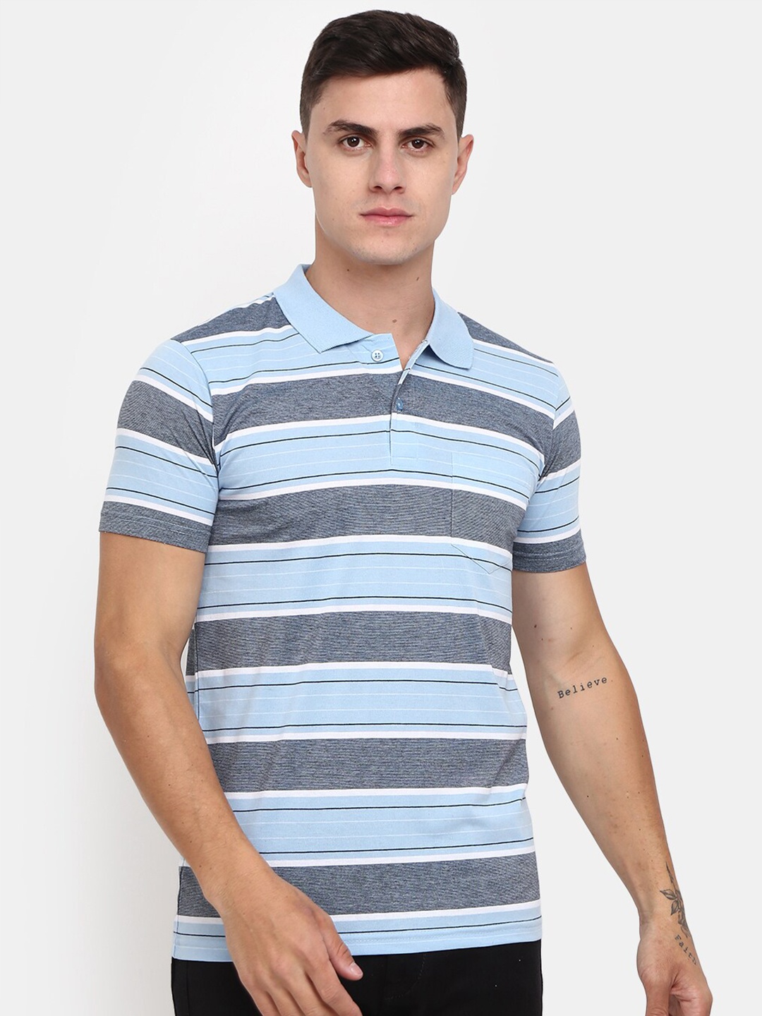 

V-Mart Striped Polo Collar Slim Fit Cotton T-shirt, Blue