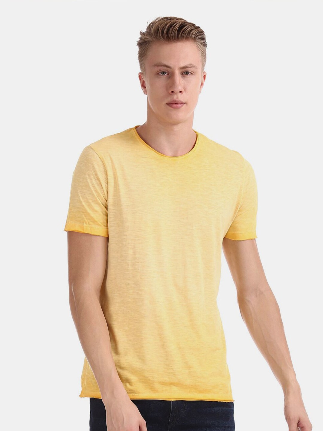 

V-Mart Round Neck Short Sleeve Raw Edge Cotton T-shirt, Yellow