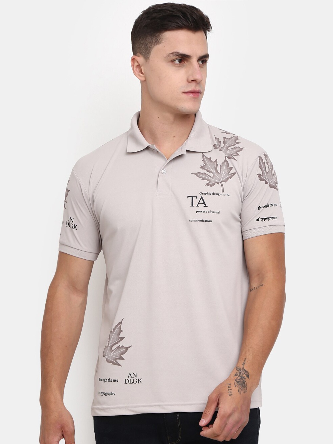 

V-Mart Men Beige Typography Polo Collar Applique Outdoor T-shirt