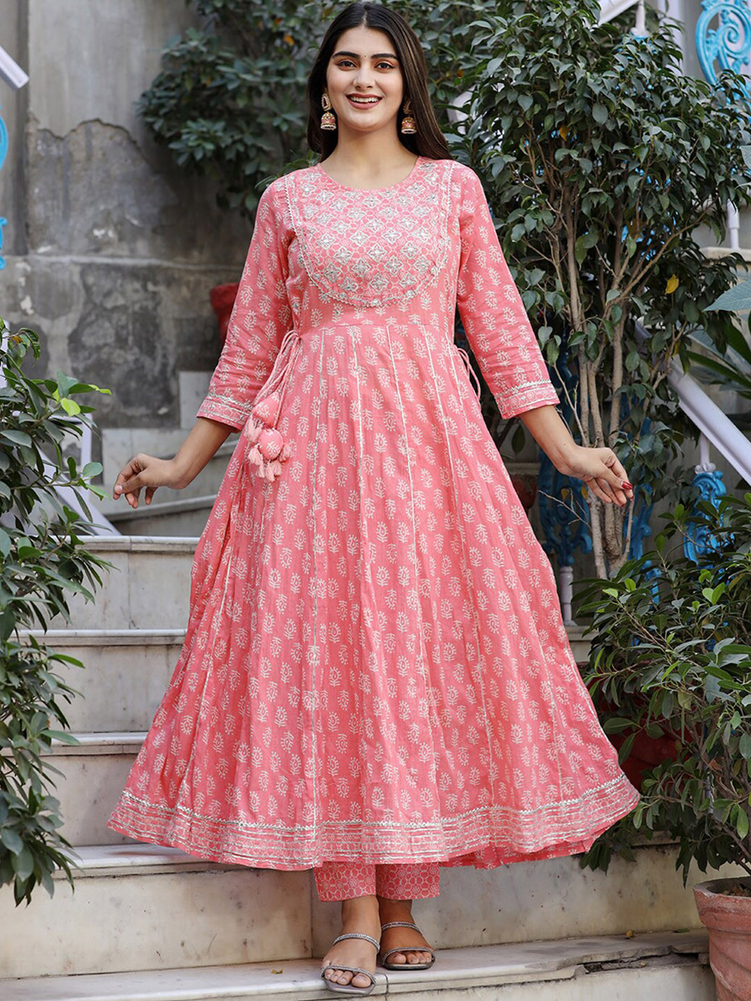 

KAAJH Floral Printed Mirror Work Pure Cotton Kurta with Trousers, Pink