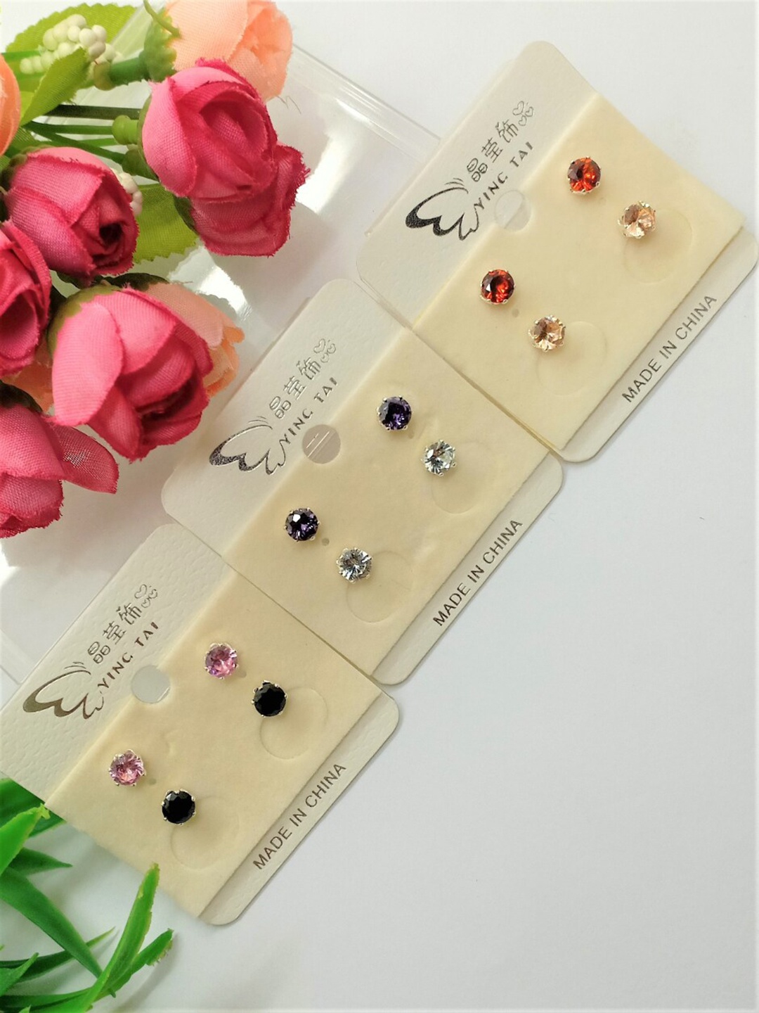 

FEMMIBELLA Set Of 6 Silver-Plated Circular Studs Earrings, Pink