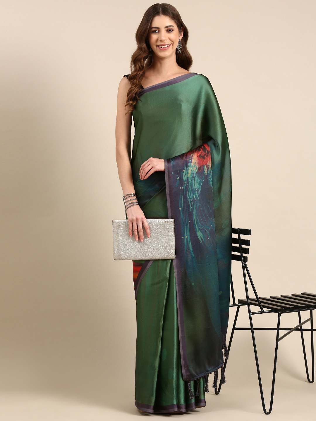 

Rani Saahiba Floral Satin Saree, Olive
