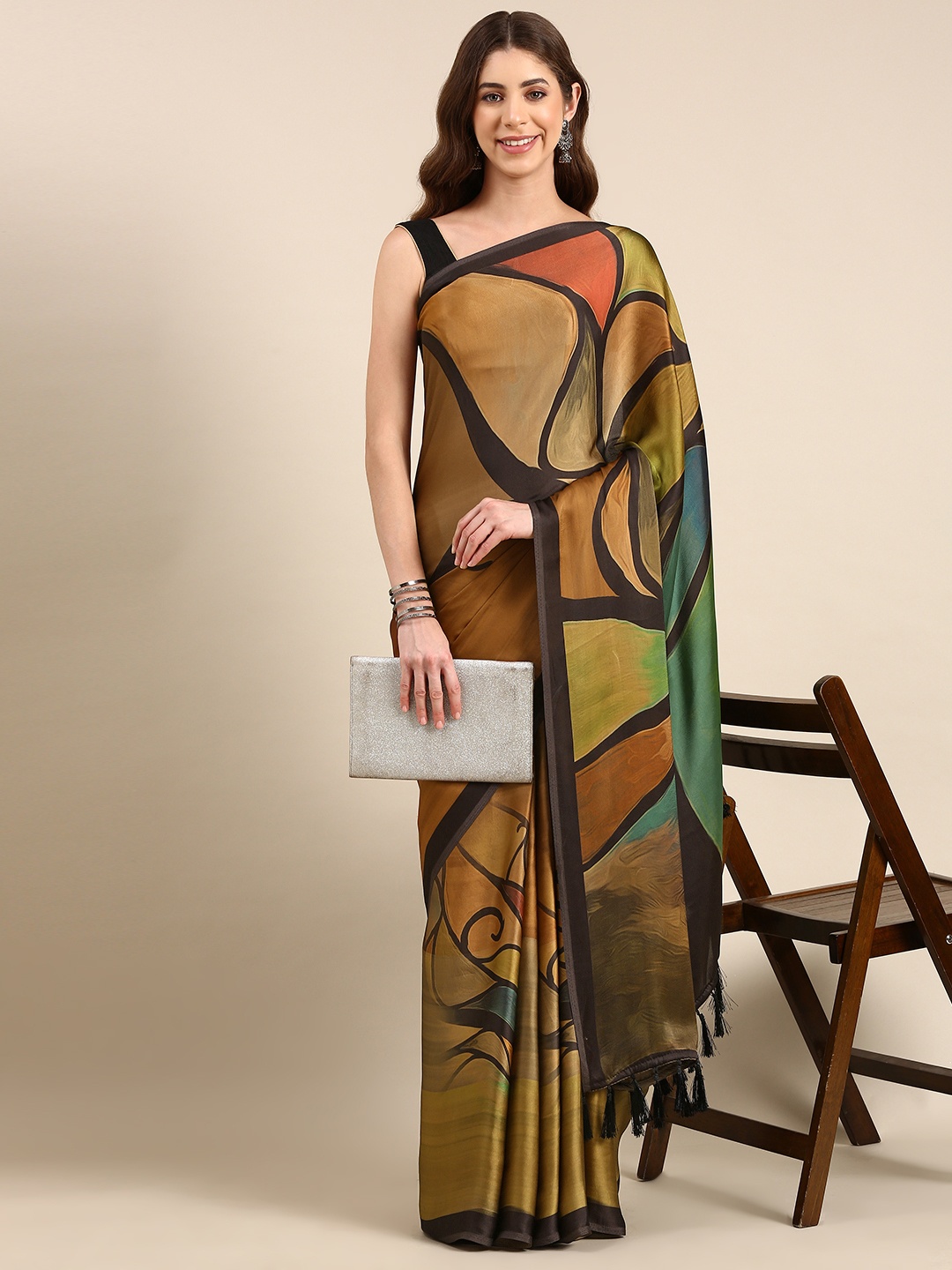

Rani Saahiba Abstract Print Satin Saree, Brown