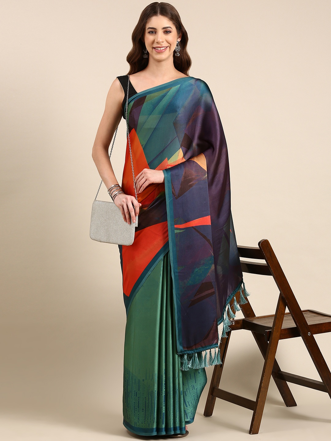 

Rani Saahiba Abstract Printed Satin Saree, Turquoise blue