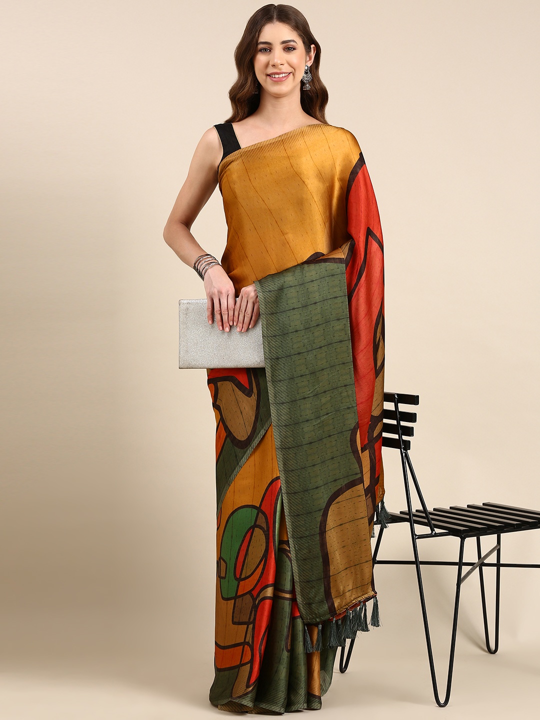 

Rani Saahiba Abstract Printed Satin Saree, Mustard