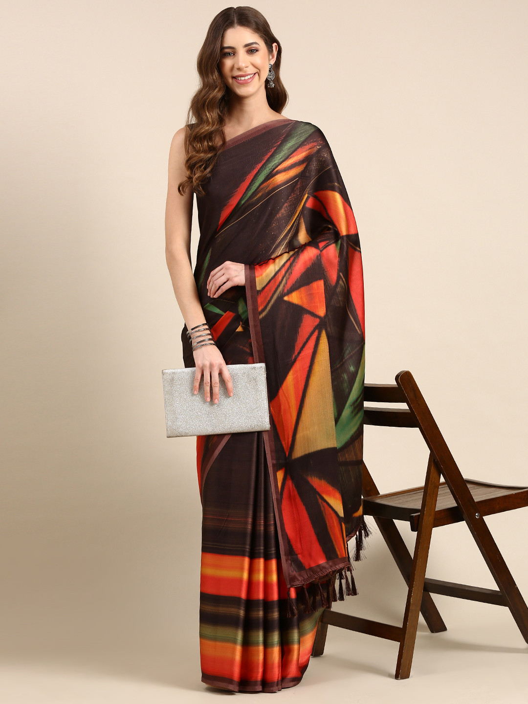 

Rani Saahiba Abstract Printed Satin Saree, Coffee brown