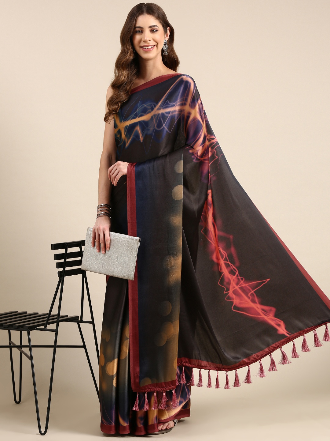 

Rani Saahiba Abstract Print Satin Saree, Black