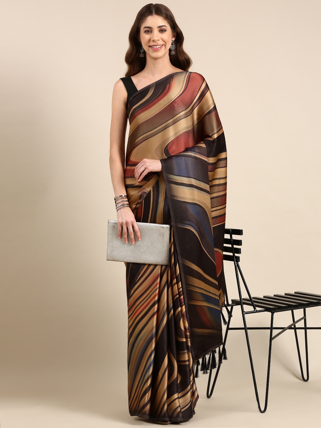 

Rani Saahiba Abstract Print Satin Saree, Tan