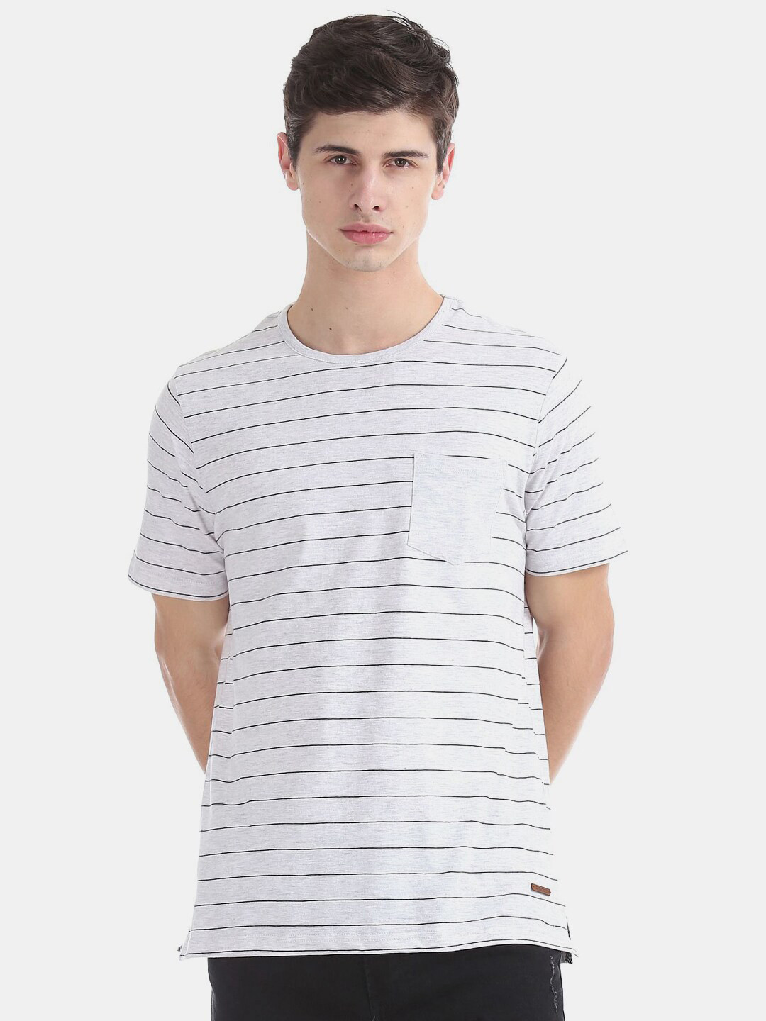 

V-Mart Striped Round Neck Cotton T-shirt, Grey