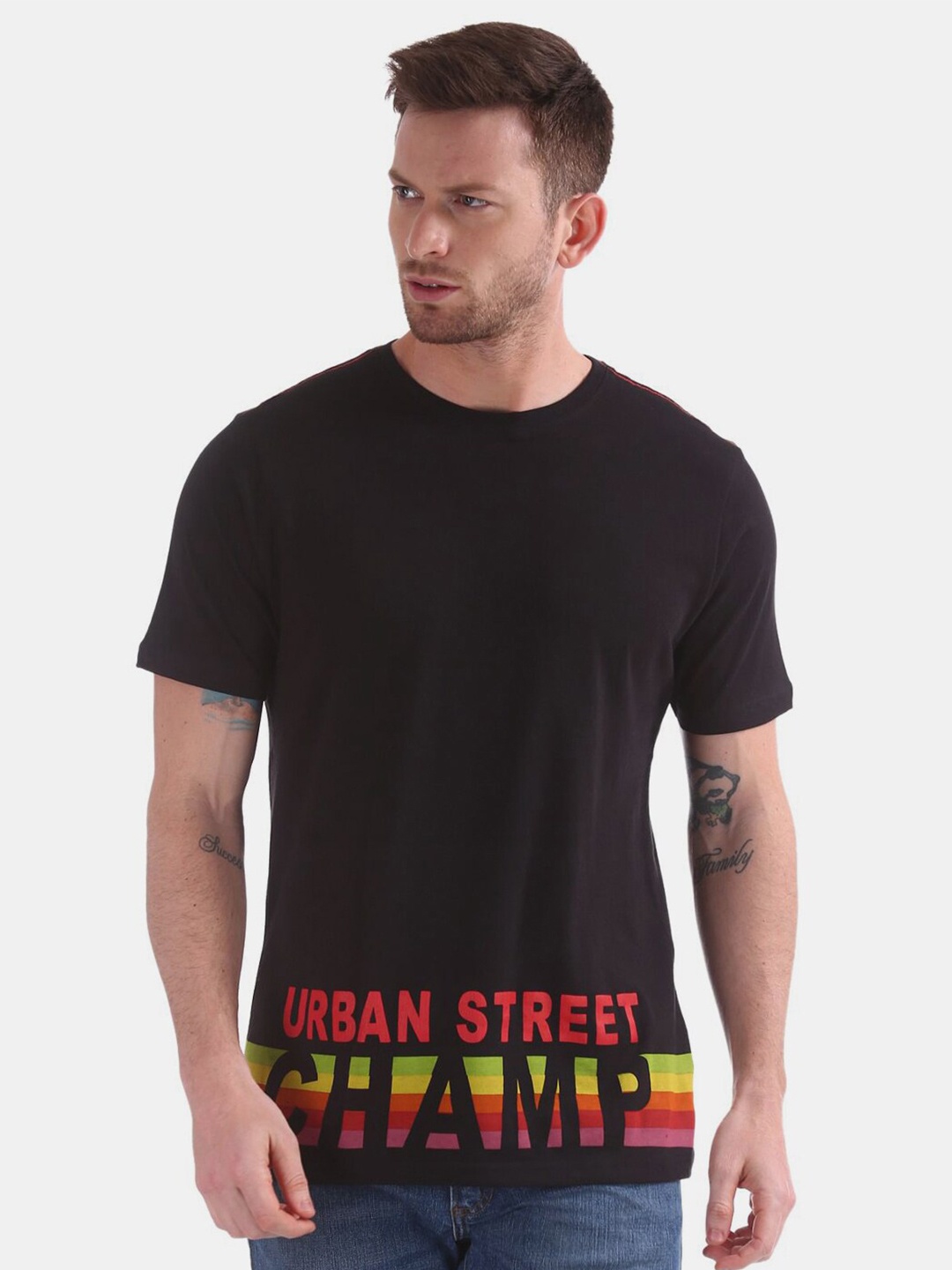 

V-Mart Typography Printed Cotton T-shirt, Black