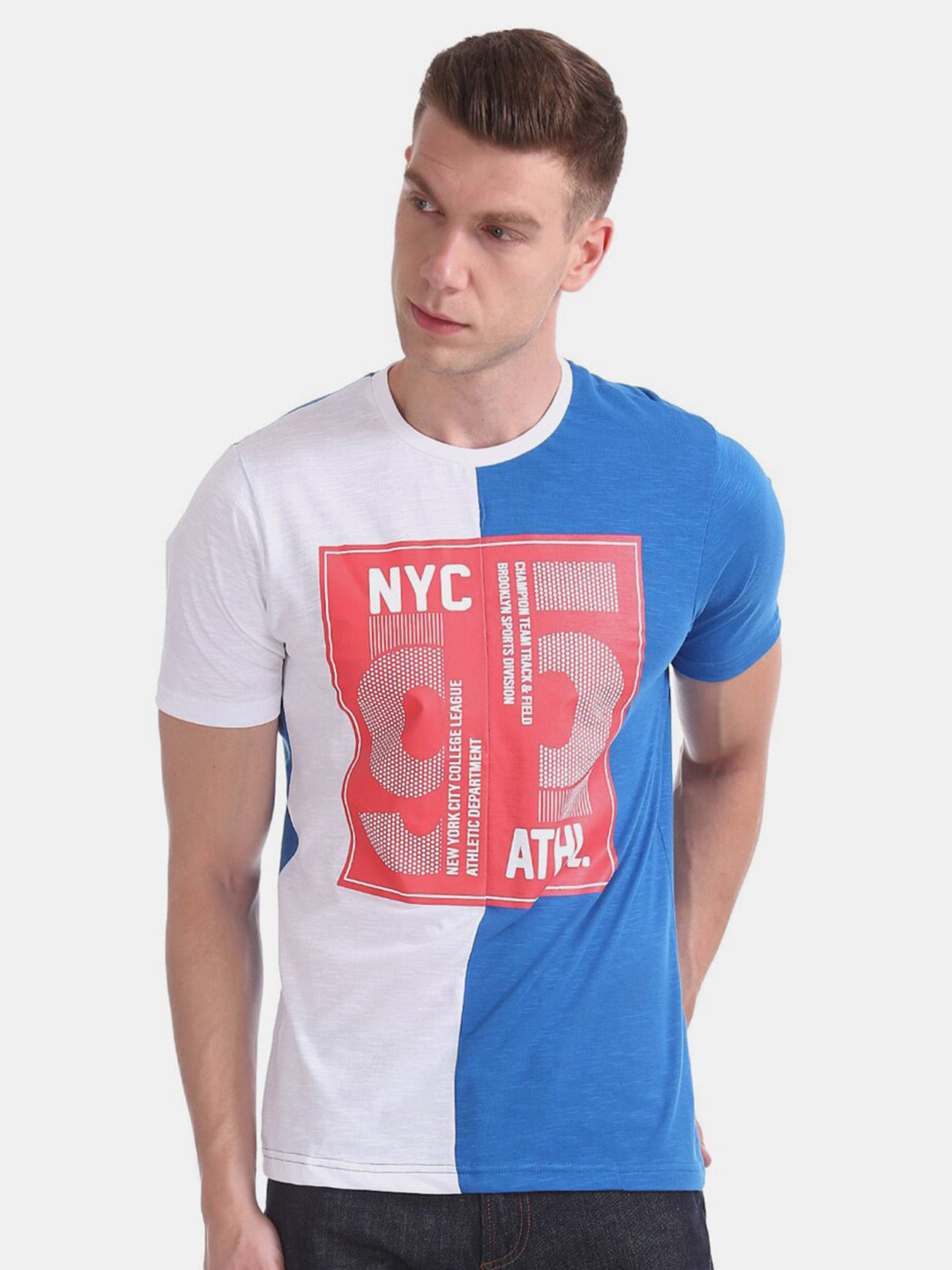 

V-Mart Colourblocked Cotton T-shirt, Blue