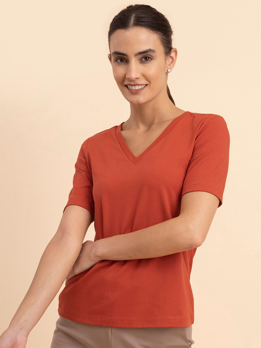 

FableStreet V-Neck Relaxed Fit Cotton T-shirt, Rust