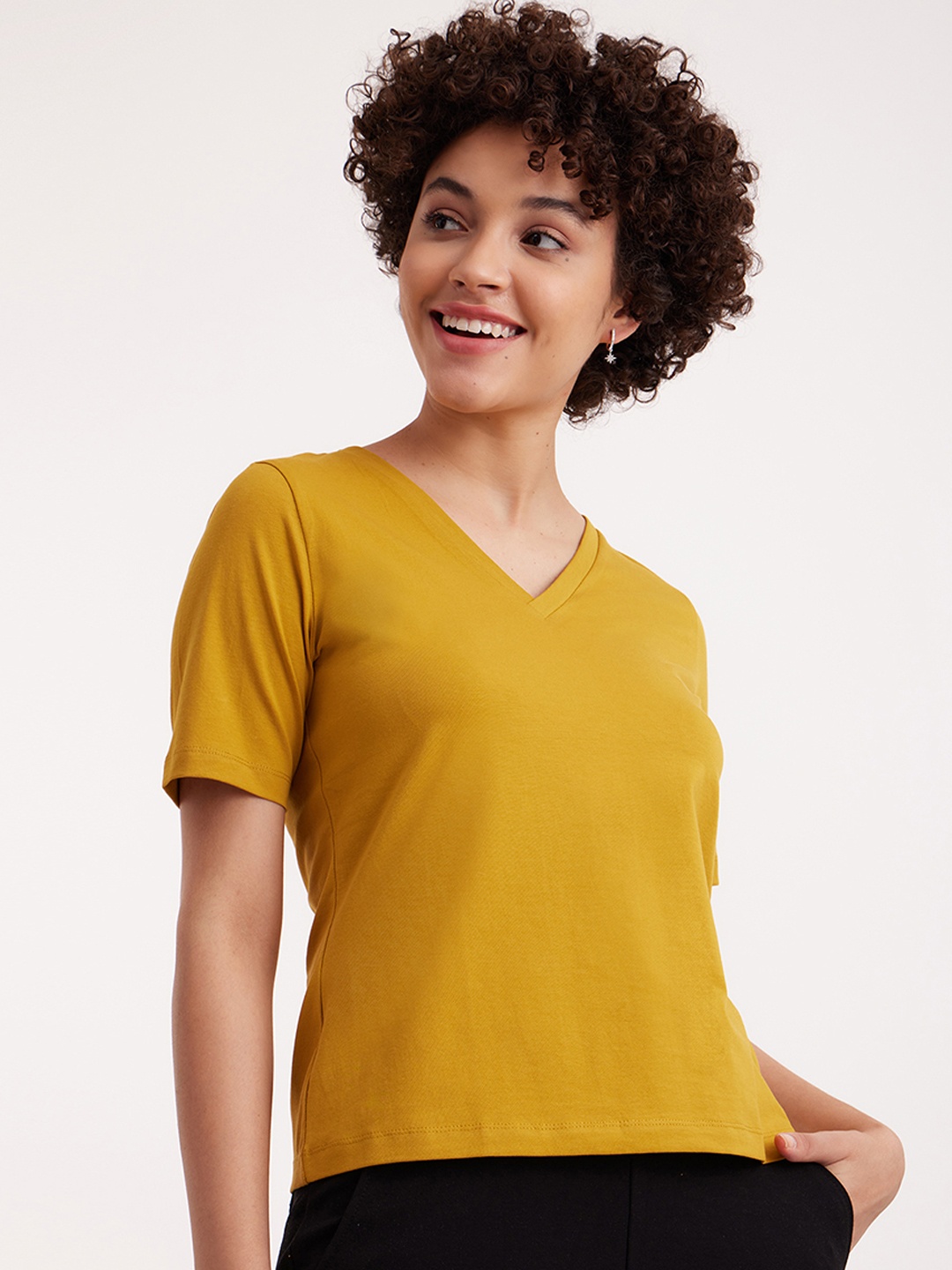 

FableStreet V-Neck Cotton Lycra Short Sleeves T-shirt, Mustard