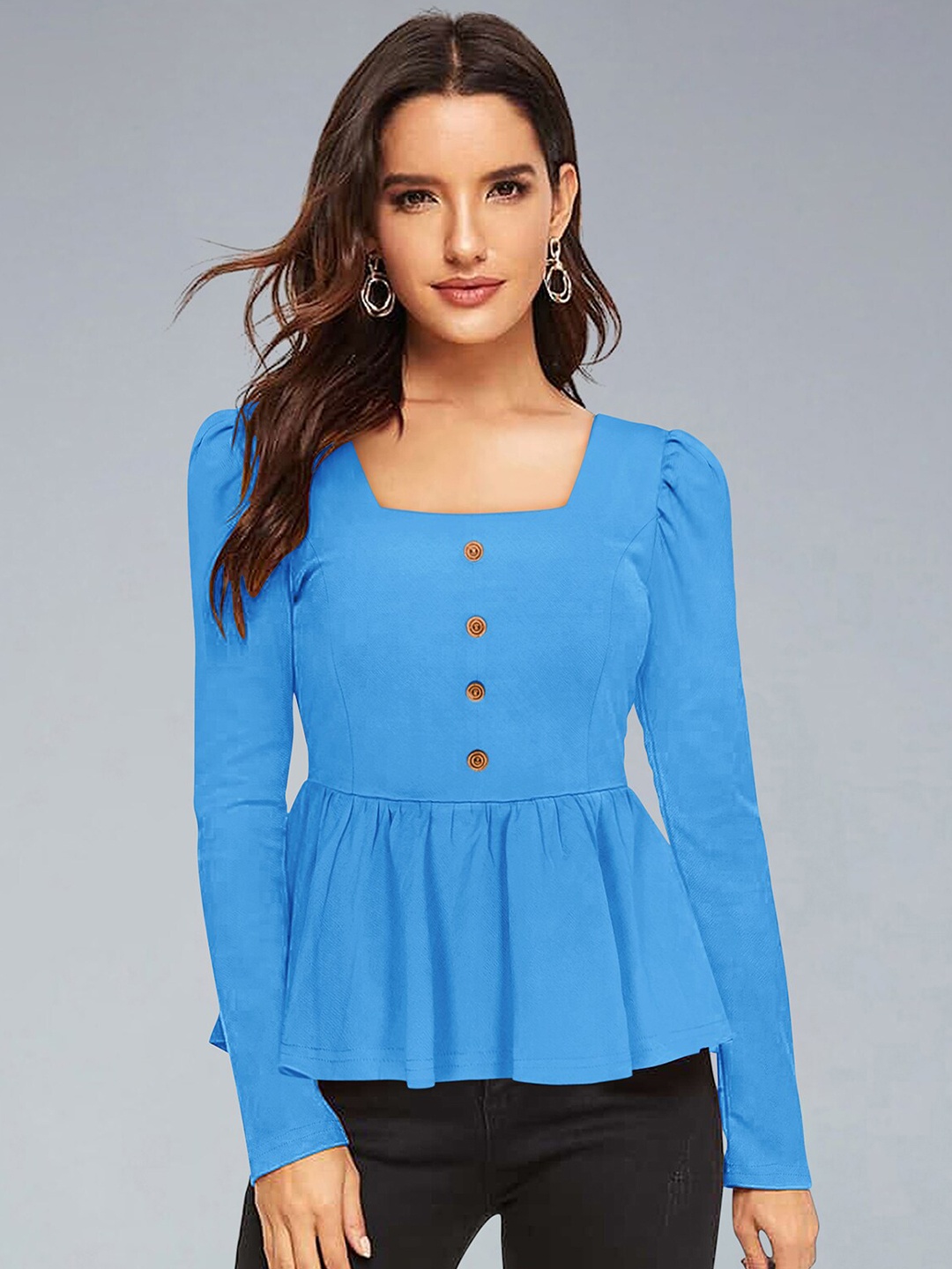 

LONDON BELLY Square Neck Puff Sleeves Peplum Top, Turquoise blue