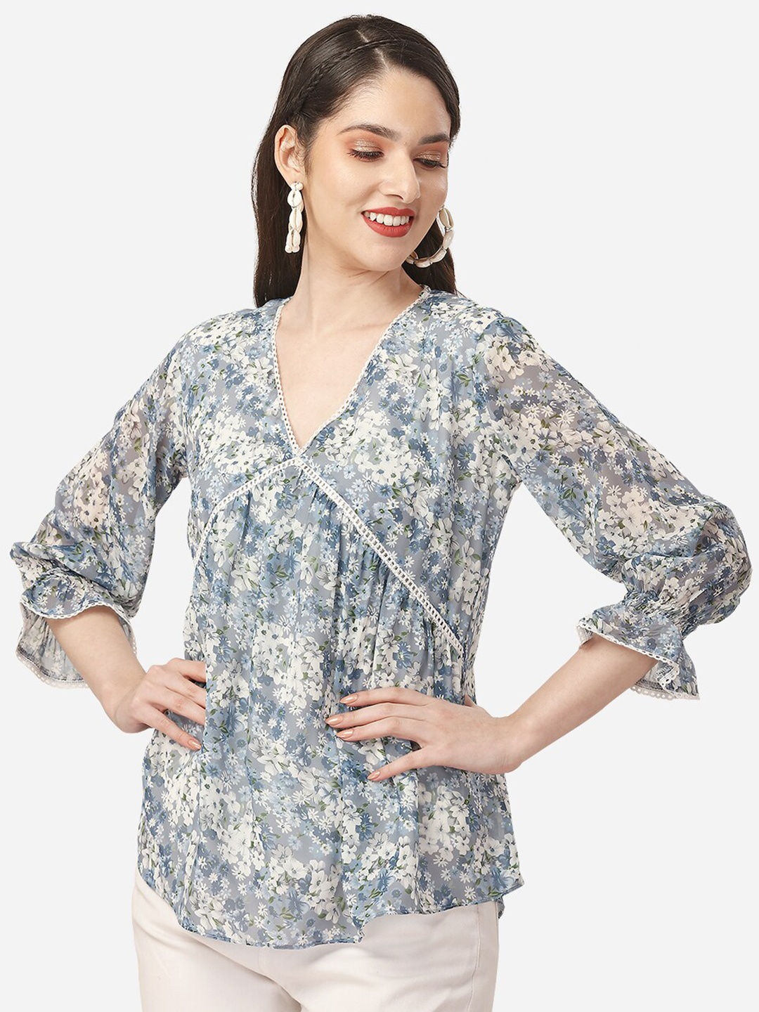 

Fbella Puff Sleeves Floral Print Georgette Empire Top, Grey