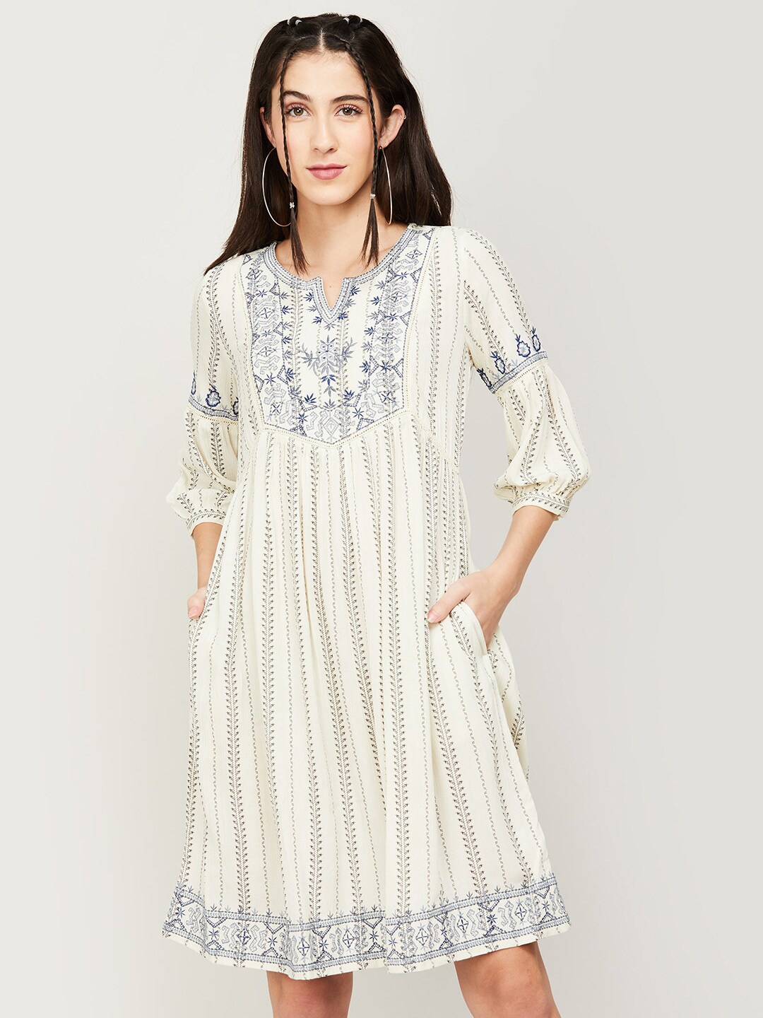 

Colour Me by Melange Floral Printed Embroidered Notched Neck A-Line Dress, White