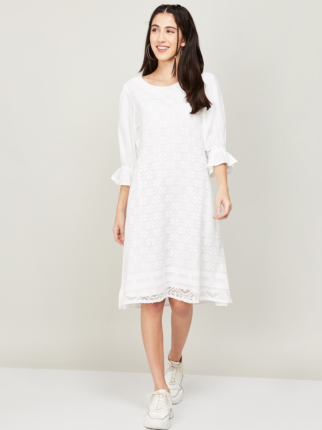 

Colour Me by Melange Self Design A-Line Dress, White