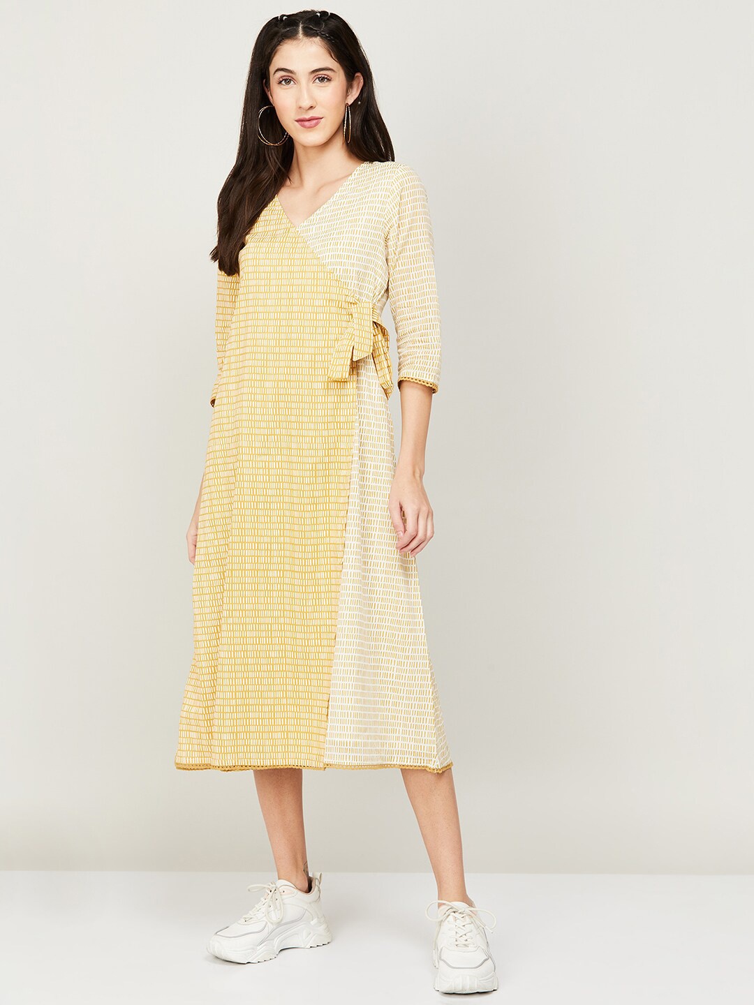

Colour Me by Melange Printed V Neck Wrap Midi Pure Cotton Dress, Yellow