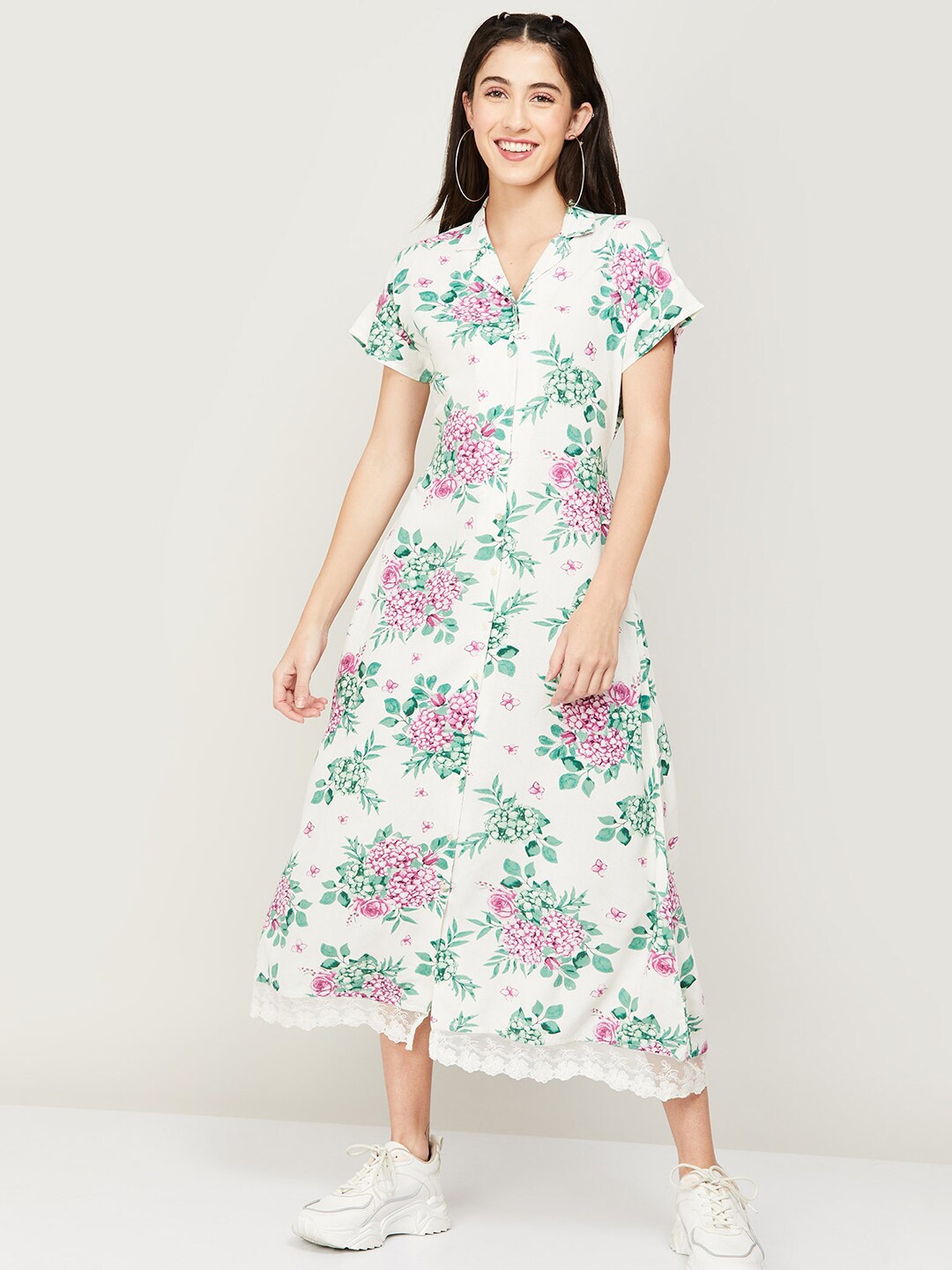 

Colour Me by Melange Floral Printed Shirt Collar Midi Dress, White