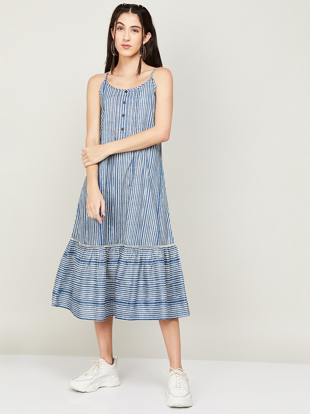 

Colour Me by Melange Striped Pure Cotton A-Line Midi Dress, Blue