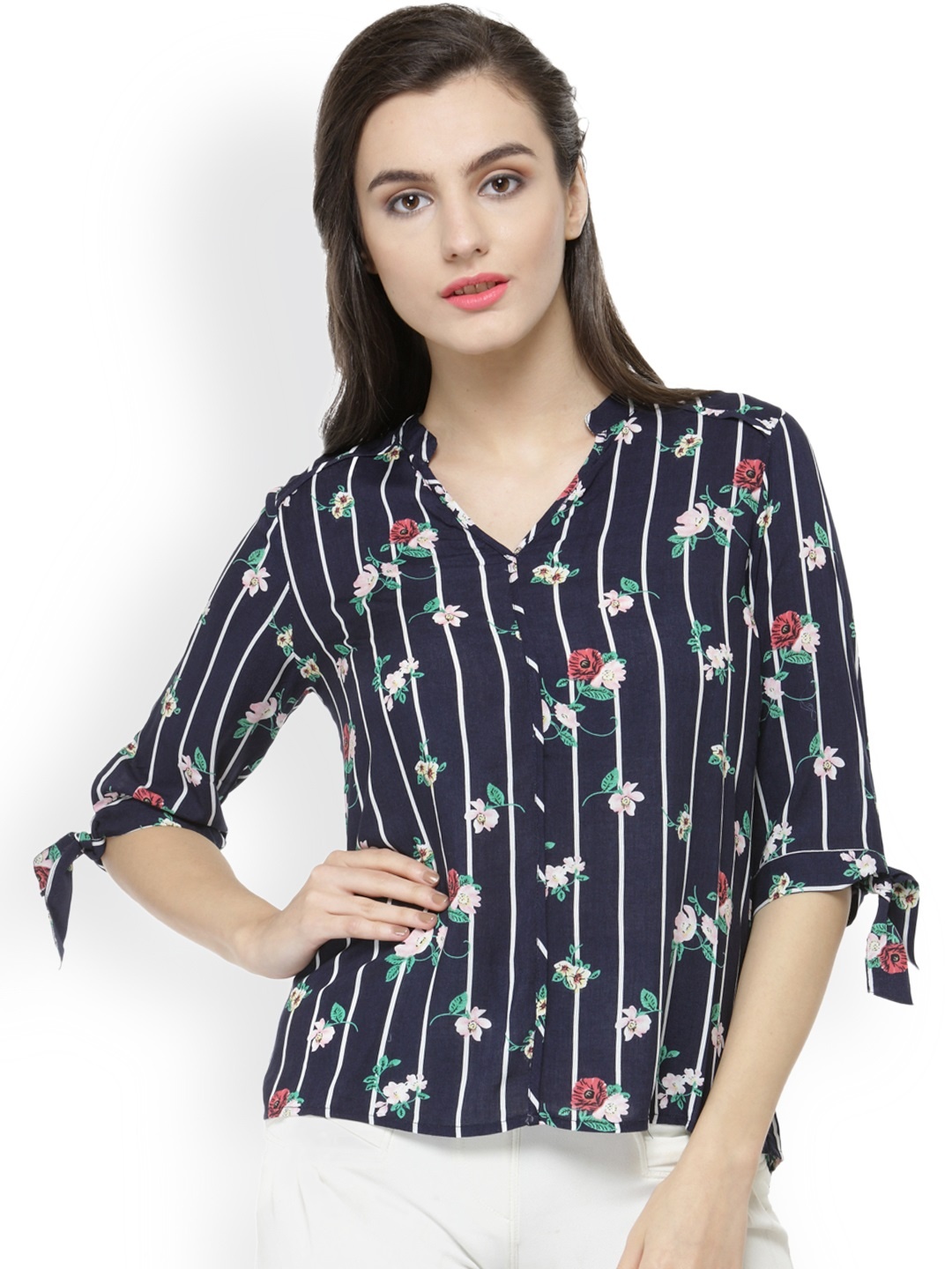 

Gipsy Women Navy Blue Striped Shirt-Style Top
