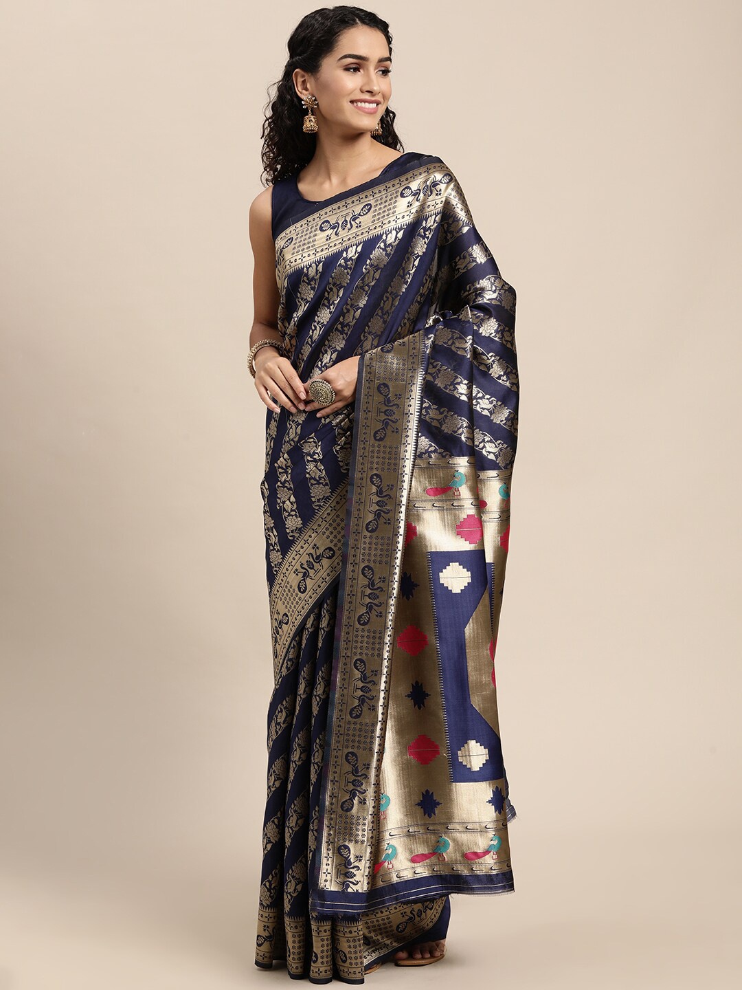 

VAIRAGEE Floral Woven Design Zari Banarasi Saree, Navy blue