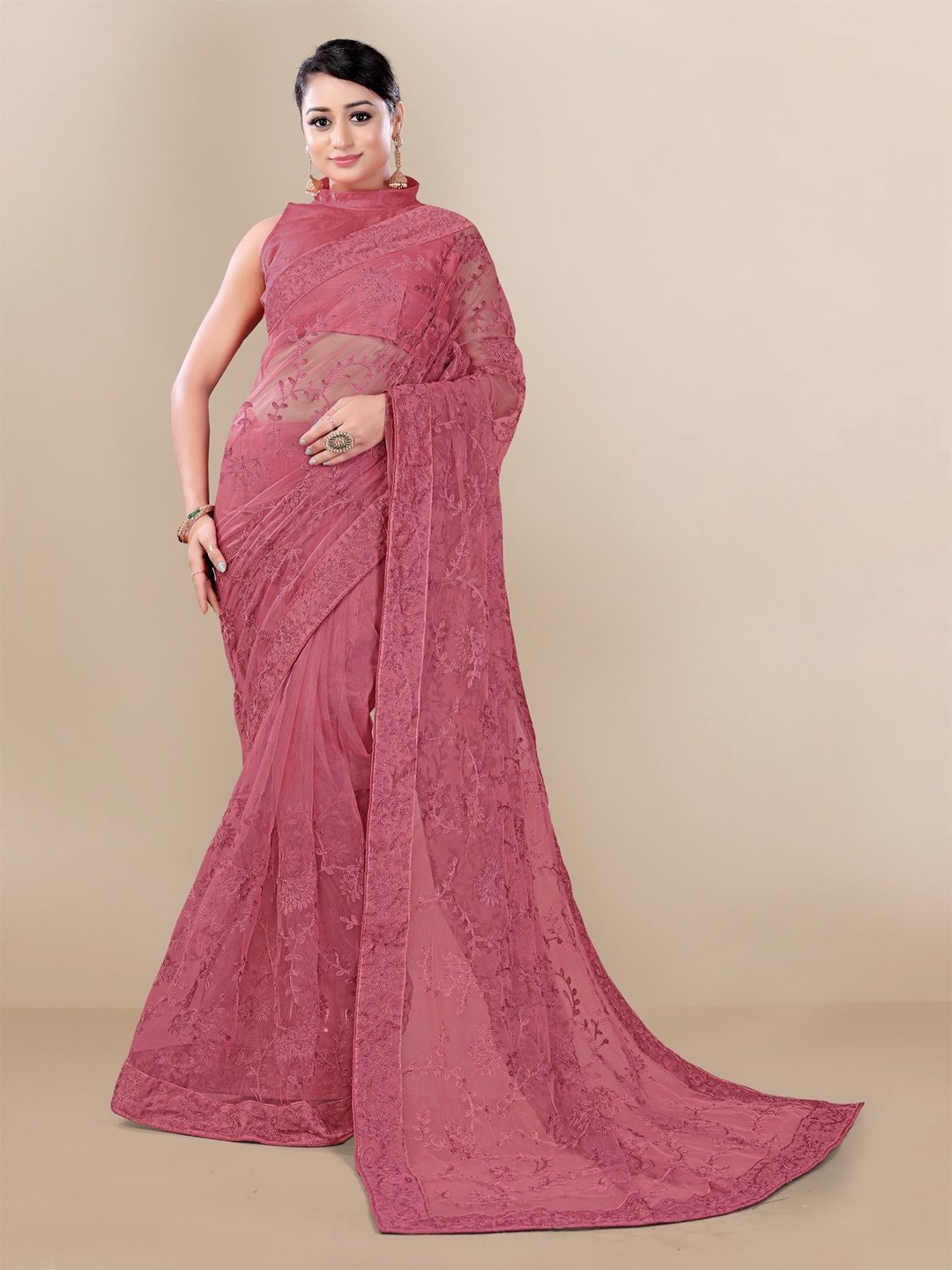 

VAIRAGEE Floral Embroidered Saree, Peach