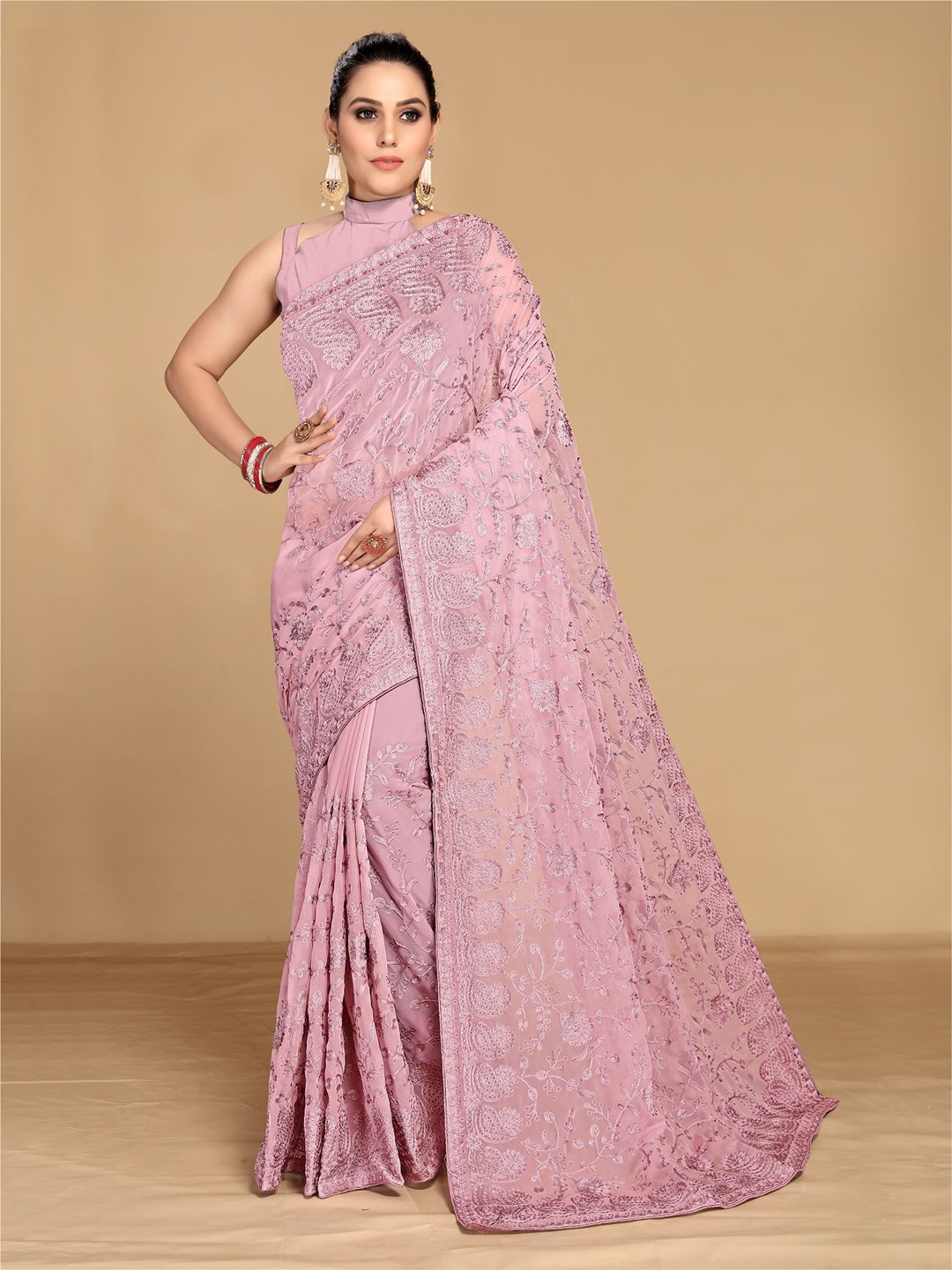 

VAIRAGEE Floral Embroidered Sheer Saree, Pink