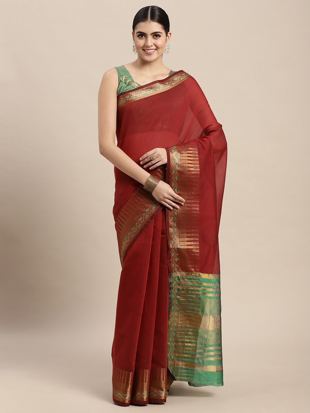 

VAIRAGEE Woven Design Bordered Zari Saree, Maroon