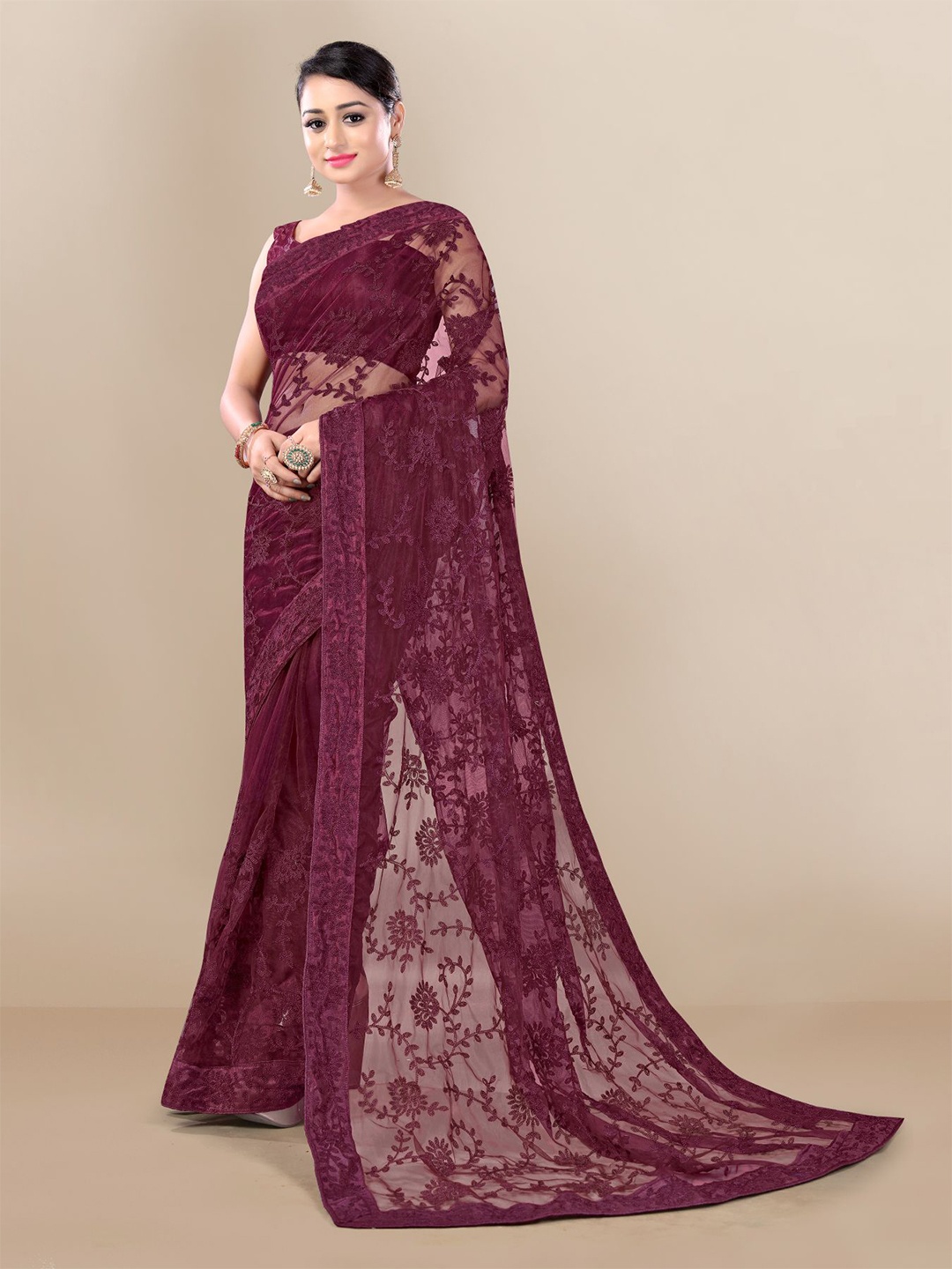 

VAIRAGEE Floral Embroidered Sheer Saree, Magenta
