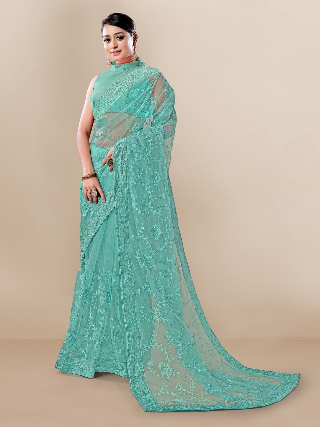 

VAIRAGEE Floral Embroidered Net Saree, Turquoise blue