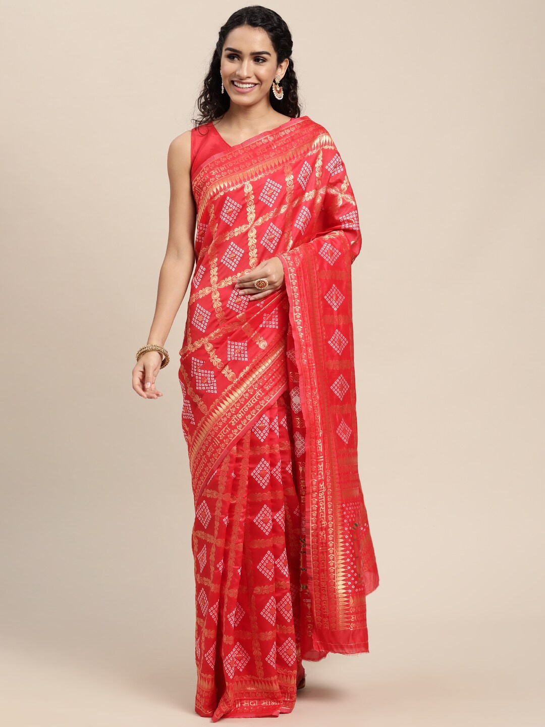 

VAIRAGEE Bandhani Woven Design Zari Banarasi Saree, Red