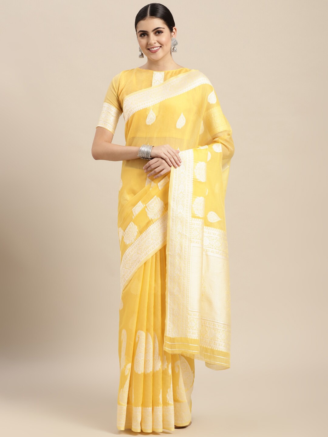 

VAIRAGEE Woven Design Zari Chanderi Saree, Yellow