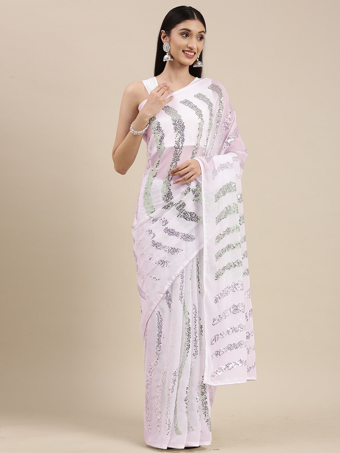 

VAIRAGEE Sheer Embellished Sequinned Saree, White
