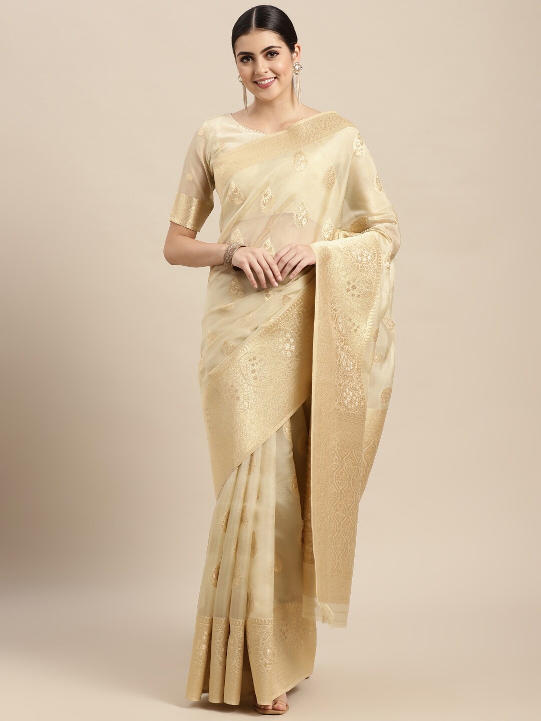 

VAIRAGEE Sheer Ethnic Motifs Woven Design Zari Organza Banarasi Saree, Cream