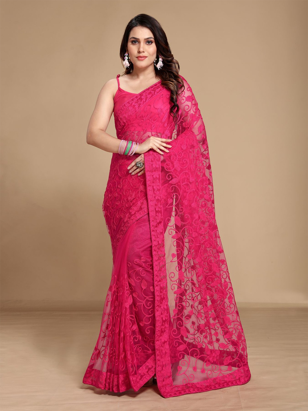 

VAIRAGEE Sheer Embroidered Soft Net Saree, Pink