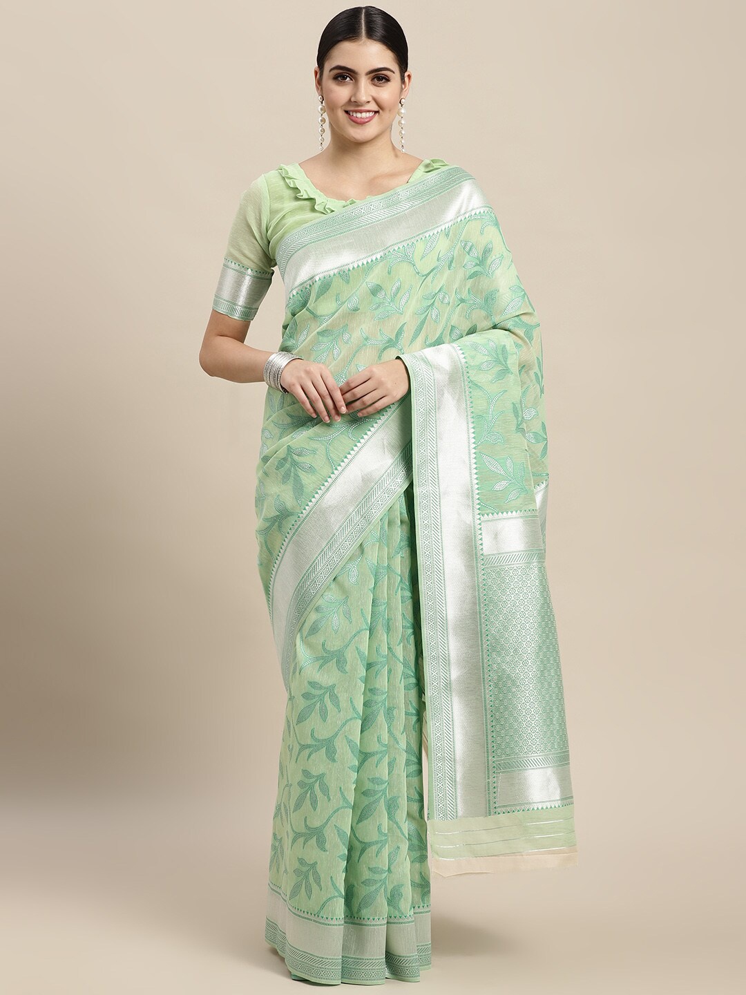 

VAIRAGEE Floral Motif Woven Design Zari Saree, Sea green