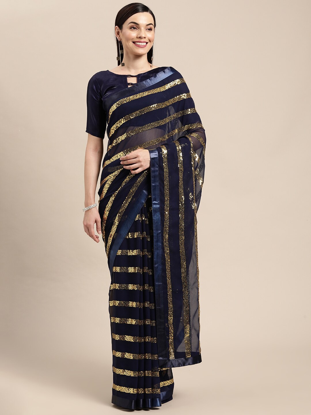 

VAIRAGEE Striped Embellished Sequinned Saree, Blue