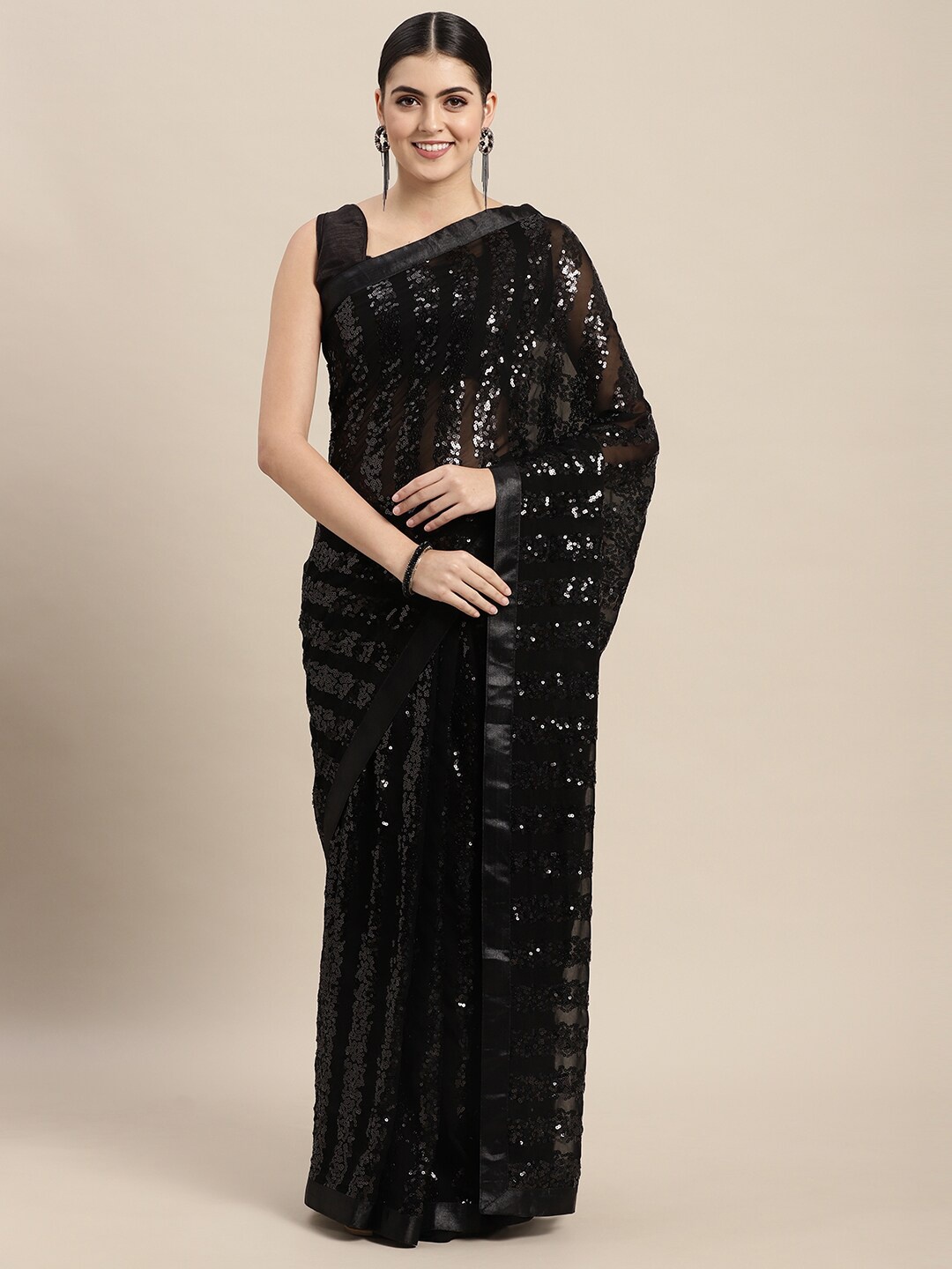 

VAIRAGEE Striped Embellished Sequinned Saree, Black